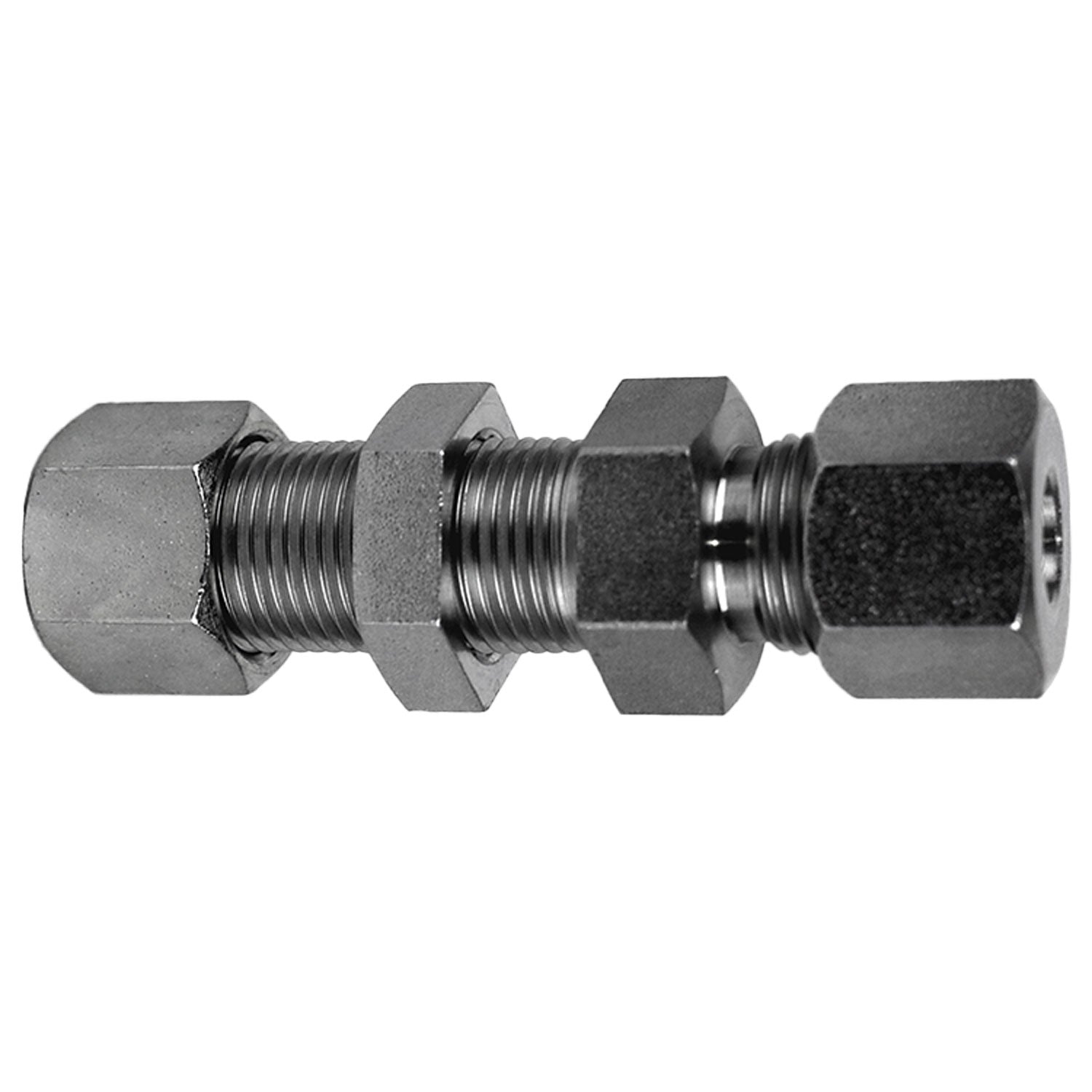 Compression union bulkhead fitting for passing tubing through panels L08 x L08 Compression Union Bulkhead