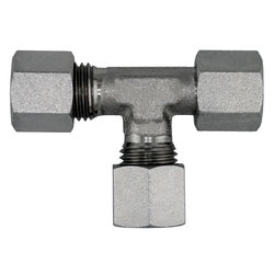 A silver-colored steel run tee fitting commonly used in high-pressure hydraulic systems - S14 Compression Swivel Run Tee