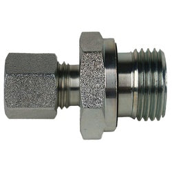 A silver-colored steel adapter fitting, used to connect metric and BSPP systems. - L08 Compression x 1/2 Male British Standard Pipe Parallel ED