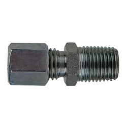A silver-colored steel adapter fitting, used to connect metric and BSPT systems. - S10 Compression x 3/8 Male British Standard Pipe Tapered