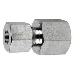 A silver-colored steel adapter fitting, used to connect metric and BSPP systems. - S12 Compression x 1/4 Female British Standard Pipe Parallel