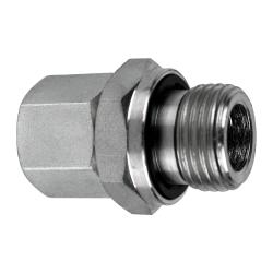 A silver-colored steel adapter fitting, used to connect metric and BSPP systems. - L15 Female Metric Standpipe DIN 24 D X 3/8 Male British Standard Pipe Parallel