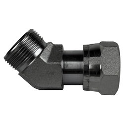 Industrial hydraulic 45-degree steel elbow designed with male and female O-ring face seal ends for machinery fluid systems - 1-7/16-12 Male O-Ring Face Seal x Female O-Ring Face Seal 45-degree Steel Elbow