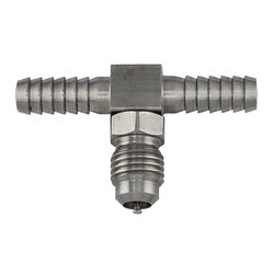 Precision stainless 1/2 hose barb tee with built-in Schraeder valve for leak resistant installation - Stainless 1/2 Hose Barb Tee with Schraeder Valve