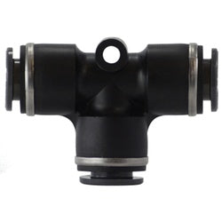 A black D.O.T. Push-In Union Tee Composite fitting, designed for connecting pneumatic systems. - 1/4 x 3/8 Plastic PP DOT Reducing Union Tee