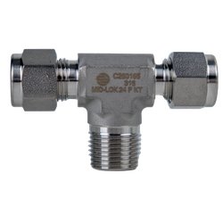 Hydraulic branch tee fitting, 1/4" flareless tube to 1/4" male NPT – 1/4 x 1/4 Flareless Tube x Male National Pipe Thread Branch Tee, 316 Stainless Steel
