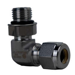 90° hydraulic elbow fitting, 1/4" flareless tube to 7/16-20 male O-ring boss – 1/4 x 7/16-20 Flareless Tube x Male O-Ring Boss 90° Elbow, 316 Stainless Steel
