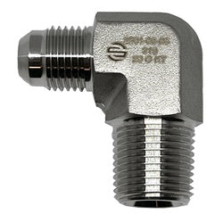 316 stainless steel 90° elbow hydraulic fitting with -06 male Joint Industry Council (JIC) to 3/8 inch male National Pipe Thread (NPT) connection for secure, leak-resistant fluid transfer – 316 Stainless Steel -06 Male JIC x 3/8 Male NPT 90° Elbow
