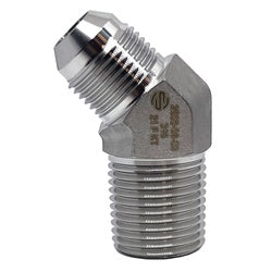 316 stainless steel 45° elbow hydraulic fitting with -16 male Joint Industry Council (JIC) to 1 inch male National Pipe Thread (NPT) connection for secure, leak-resistant fluid transfer – 316 Stainless Steel -16 Male JIC x 1 Male NPT 45° Elbow
