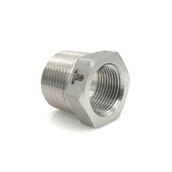 A 316 stainless steel hexagonal bushing with male national pipe thread on one end and female national pipe thread on the other - 316 1-1/4 Male National Pipe Thread x 1 Female National Pipe Thread Hexagonal Bushing