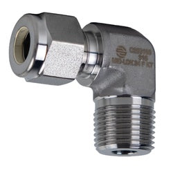 90° hydraulic elbow fitting, 1/2" tube to 1/2" tube with male NPT – 1/2 x 1/2 Tube x Tube x Male National Pipe Thread Flareless 90° Connector, 316 Stainless Steel
