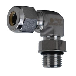 Stainless steel fitting designed for corrosion-resistant performance — 3/4x 1-1/16-12 Flareless Tube x Male O-Ring Boss 90° Elbow 316 Stainless Steel