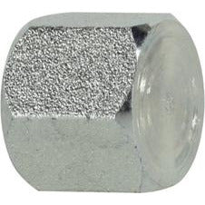 A silver-colored JIC cap nut with a textured surface designed for plumbing applications - 5/16-24 Joint Industry Council Cap Nut