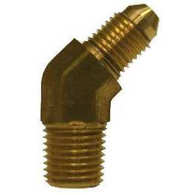 A brass 45-degree elbow pipe fitting with male JIC and male iron pipe connections - 7/16-20 X 1/4 Male Joint Industry Council X Male Iron Pipe 45 Elbow