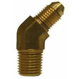 A brass 45 degree elbow pipe fitting with male JIC and MNPT connections - 7/16-20 X 1/8 Male Joint Industry Council X Male Iron Pipe 45 Elbow