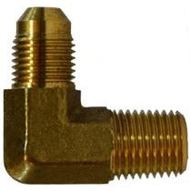 A brass male iron pipe elbow fitting with threaded connections - 1-1/16-12 X 3/4 Male Joint Industry Council X Male Iron Pipe Elbow