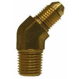 A brass 45-degree elbow pipe fitting with male JIC and MIP threaded connections - 3/4-16 X 3/8 Male Joint Industry Council X Male Iron Pipe 45 Elbow