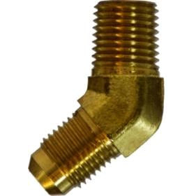 A brass 45-degree elbow pipe fitting with male JIC and MNPT connections - 9/16-18 X 3/8 Male Joint Industry Council X Male Iron Pipe 45 Elbow