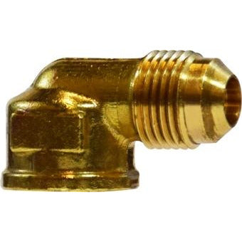 Plumbing fitting 3/8 x 3/8 male flare to female barstock 90 degree elbow.