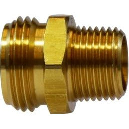 A brass garden hose adapter with male garden hose connections on one end and male iron pipe connections on the other. - 3/4 Male Garden Hose (1/2 Female Iron Pipe) X 3/4 Male Iron Pipe (1/2 Female Iron Pipe)