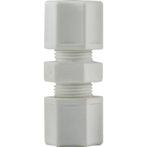 Precision 3/8 polypropylene compression union for leak-free tube connections.