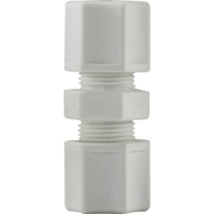 Durable polypropylene reducing compression union from 3/8 to 1/4 tubing.