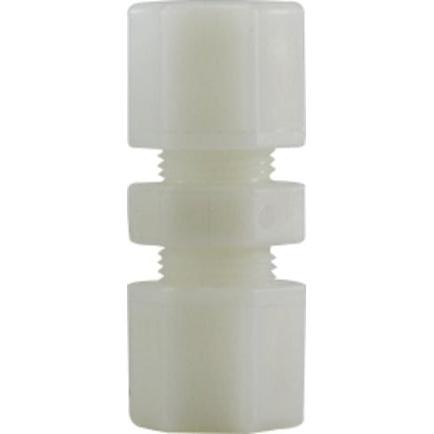 Compact nylon reducing compression union for 3/8 to 1/4 tube connections.
