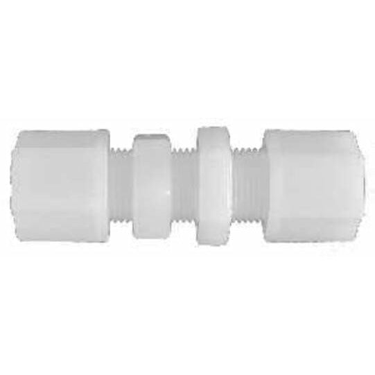 Compact 3/8 nylon bulkhead compression union for reliable tube joining.