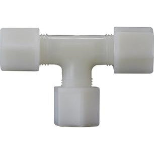 Durable 1/4 nylon compression tee for plumbing and fluid systems.