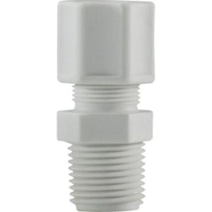Polypropylene plumbing adapter for compression to MIP connections – 1/2 x 1/4 Compression x Male Iron Pipe Adapter.