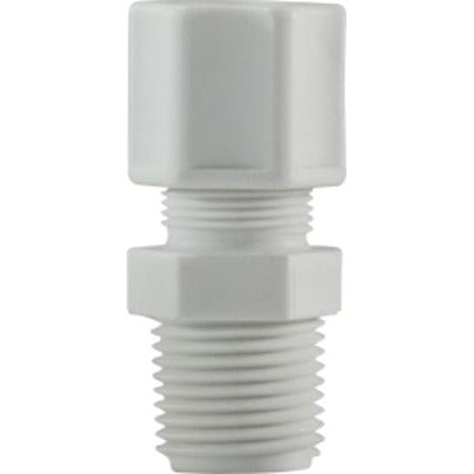 Polypropylene plumbing adapter for compression to MIP connections – 1/2 x 1/4 Compression x Male Iron Pipe Adapter.