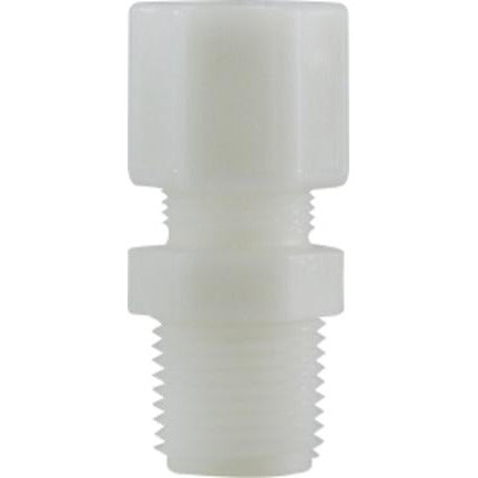 White nylon adapter for plumbing connections – 1/2 x 1/4 Compression x Male Iron Pipe Adapter.