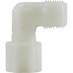 White nylon elbow fitting for compression to MIP connections – 3/8 x 3/8 Compression x Male Iron Pipe Elbow.