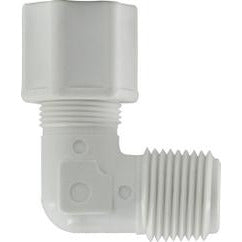Polypropylene elbow fitting for compression to MIP connections – 1/2 x 3/8 Compression x Male Iron Pipe Elbow.