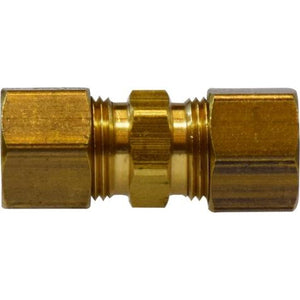 A gold-colored brass compression union fitting with compression fittings on both ends. - 1/4 Compression Union-Light Pattern