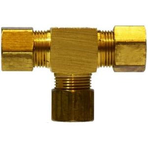 A gold-colored brass tee fitting with three compression connections - 3/8 Barstock Compression Tee