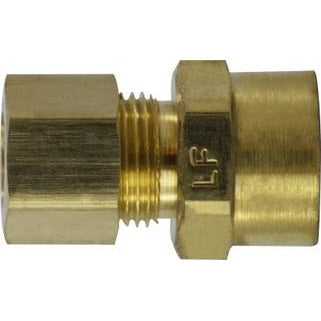 A brass sweat adapter with compression connections, featuring a smooth finish and markings indicating the lead-free brass material. - 3/8 x 1/2 Lead Free Sweat Adapter