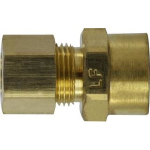A brass sweat adapter with compression connections, featuring a smooth finish and markings indicating the lead-free brass material. - 3/8 x 1/2 Lead Free Sweat Adapter