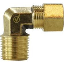 A brass 90-degree elbow plumbing fitting with a male iron pipe (MIP) thread on one end and a compression fitting on the other. - 3/8 x 1/4 Compression x Male Iron Pipe Lead-Free 90