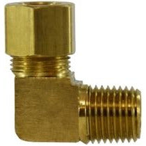 Brass 90-degree barstock elbow fitting with OD tube connection to male NPT pipe thread - 1/4 X 1/8 Compression X Male Iron Pipe Barstock Elbow