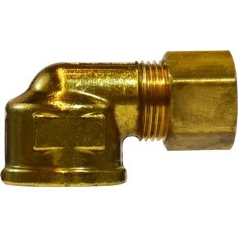 A gold-colored brass female iron pipe elbow fitting with compression connection on the other end. - 3/16 Compression X 1/8 Female Iron Pipe Barstock Elbow