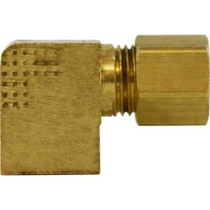 A gold-colored brass female iron pipe elbow fitting with a compression connection. - 1/4 Compression X 1/8 Female Iron Pipe Barstock Elbow