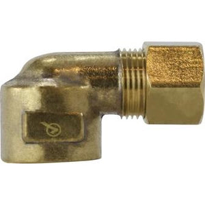 A gold-colored brass 90-degree elbow plumbing fitting with compression and female iron pipe (FIP) connections. - 1/2 x 3/8 Compression x Female Iron Pipe Lead-Free 90