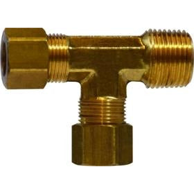 A gold-colored brass male iron pipe run tee fitting with two compression connections - 1/4 Compression X 1/8 Male Iron Pipe Barstock Run Tee