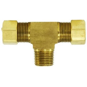 A gold-colored brass compression branch tee plumbing fitting. - 1/2 X 3/8 Compression X Male Iron Pipe Barstock Branch Tee
