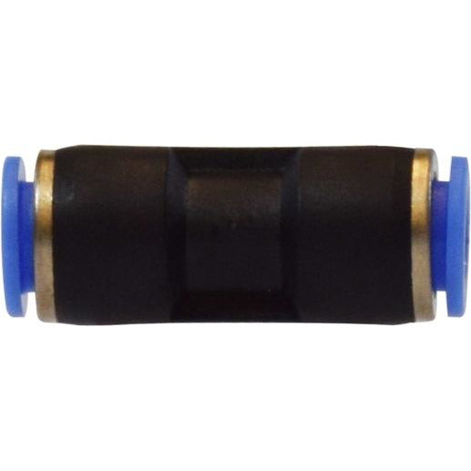 A black Union Push-In fitting with blue push-in tubes on both ends. - 1/8 Union Push-In