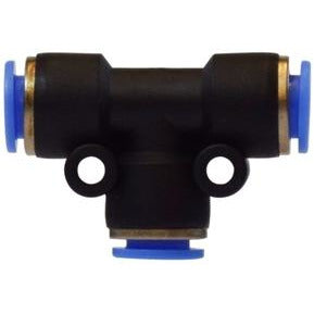 A black  Push-In Union Tee composite fitting with blue accents, typically used in pneumatic or hydraulic systems - 5/32 Push-In Union Tee Composite