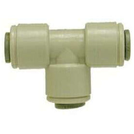 A Beige Plastic Push-In Tee plumbing fitting with push-fit connections for pneumatic systems or water filtration - 1/4 Plastic Push-In Tee