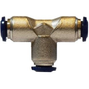 A nickel-plated brass push-in union tee with black push-to-connect connections on the ends - 3/8 Push-in Union Tee Nickel-Plated