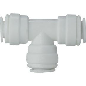A white plastic push-in tee fitting with 3/8 inch connection sizes, designed for use in pneumatic systems and fluid handling applications - 3/8 Plastic Push-In Tee